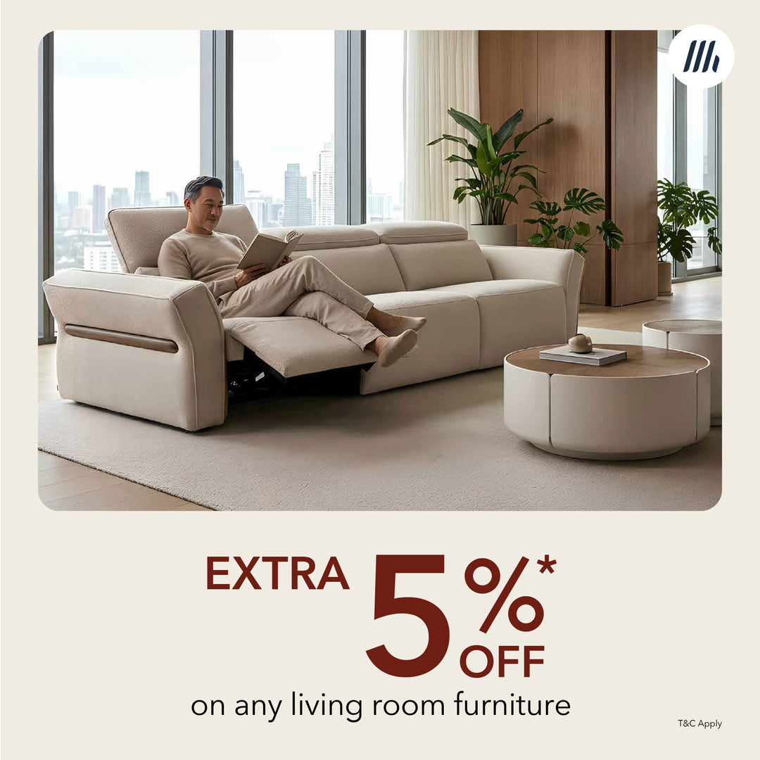 Modern living room furniture set featuring a premium sofa and coffee table for MAJUHOME Parents' Month Sale.