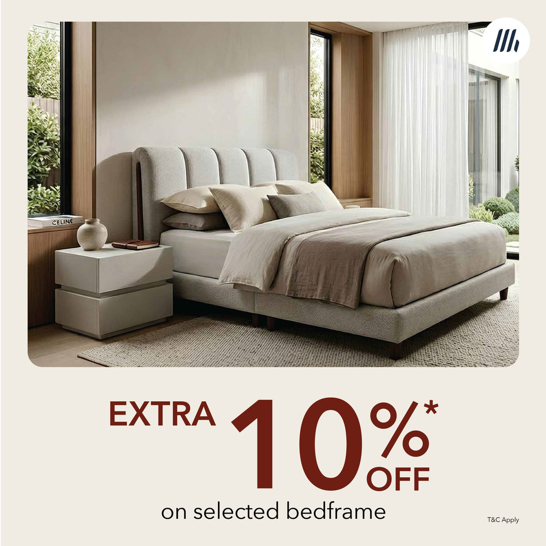 Premium upholstered bed frame and luxury mattress set for MAJUHOME Parents' Month bedroom furniture sale.