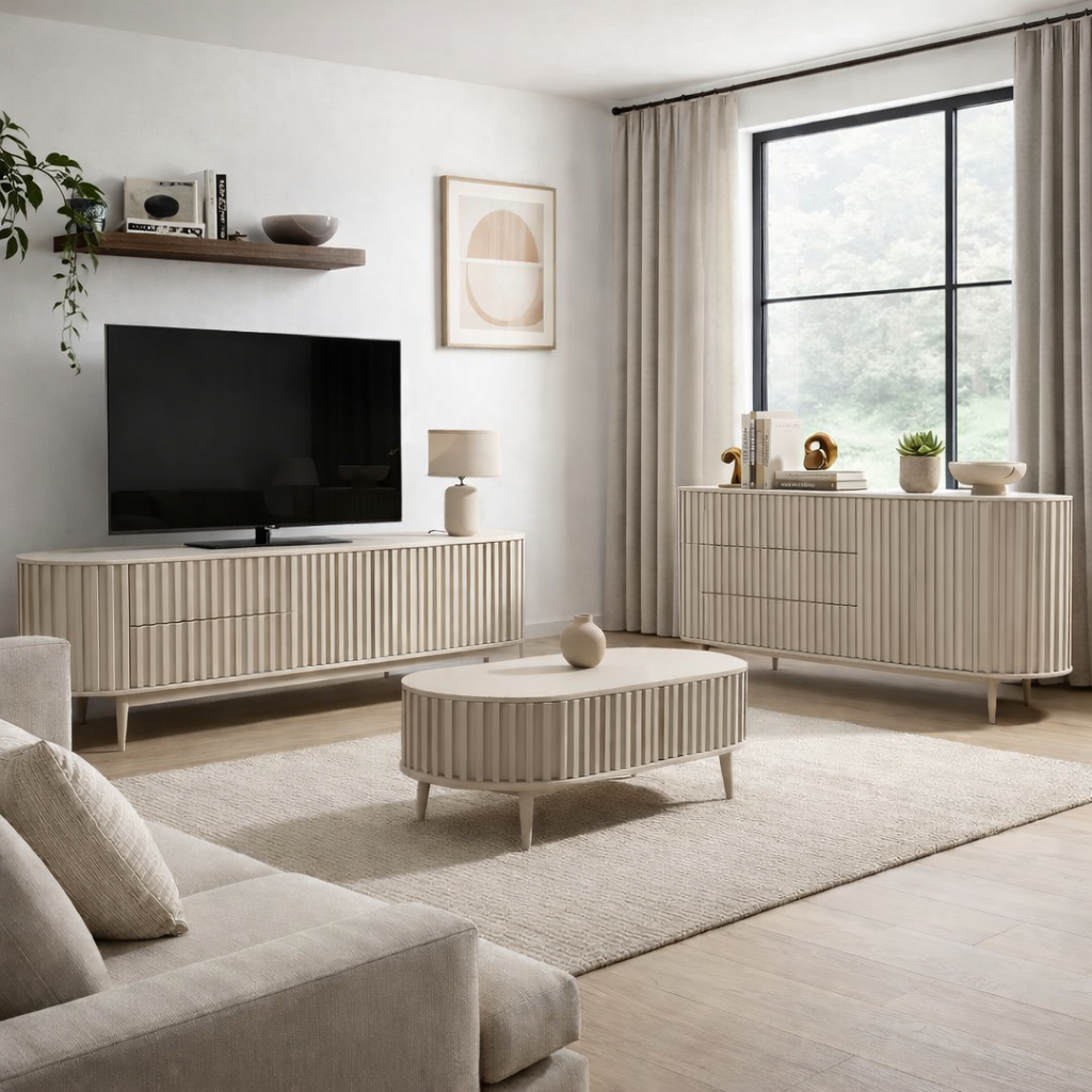 Meije Series furniture set featuring a modern taupe TV cabinet and matching coffee table in a contemporary living room