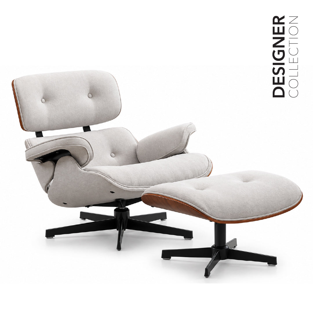 A designer lounge chair with matching ottoman in light beige fabric, featuring brown wood trim and black star bases, shown on a white background with 'DESIGNER COLLECTION' text in the upper right.