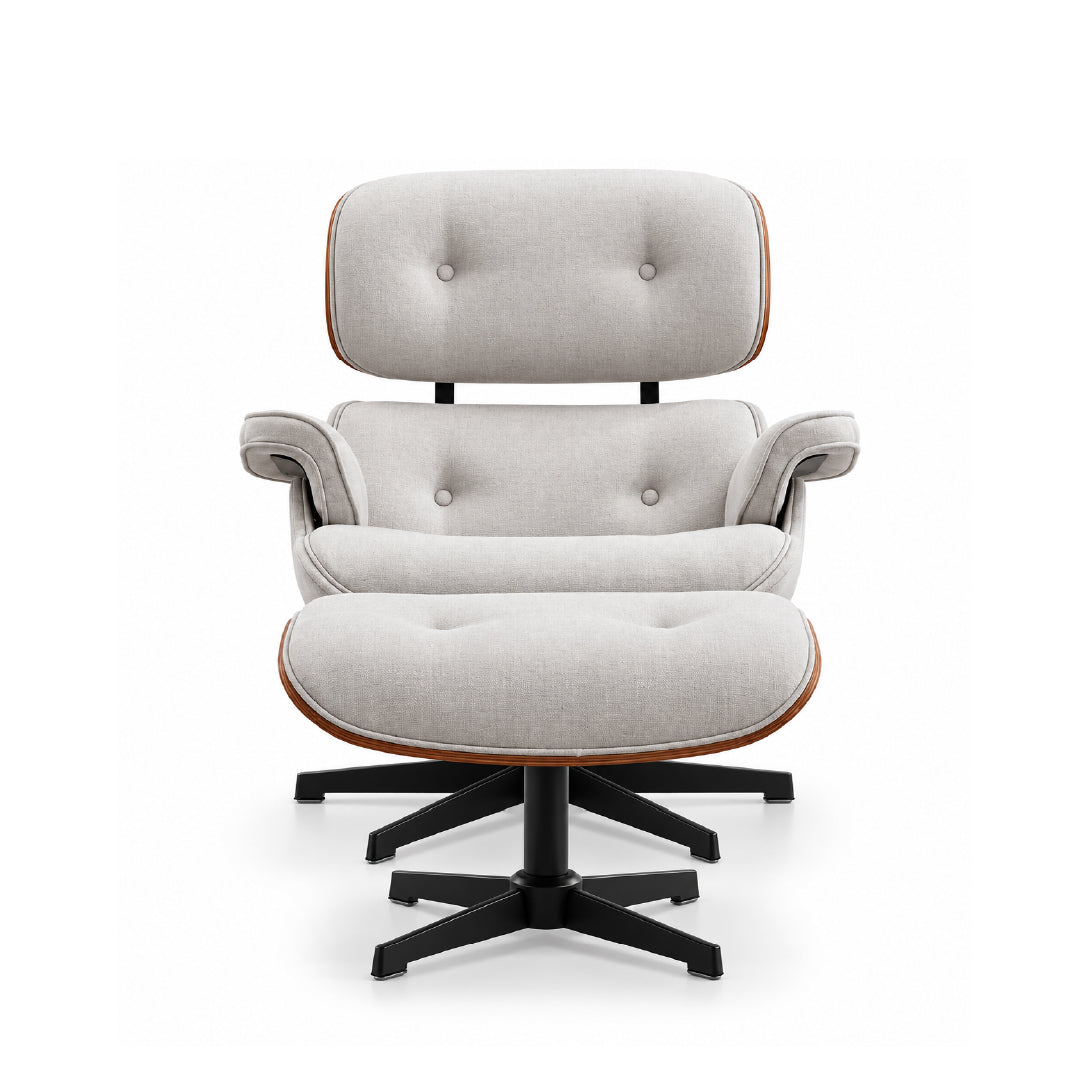 A light beige upholstered lounge chair with a matching ottoman, featuring tufted details, curved wooden armrests, and a black five-star swivel base, shown against a plain white background.