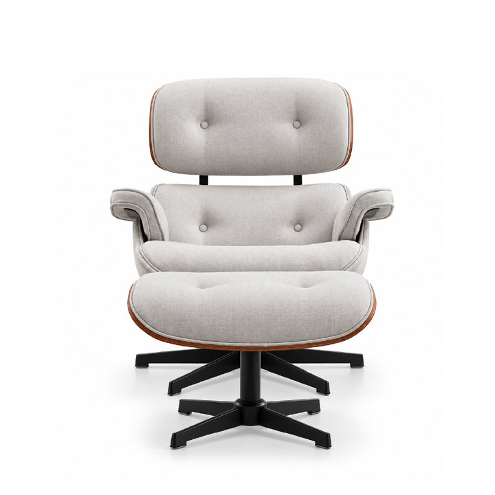 A light beige upholstered lounge chair with a matching ottoman, featuring tufted details, curved wooden armrests, and a black five-star swivel base, shown against a plain white background.