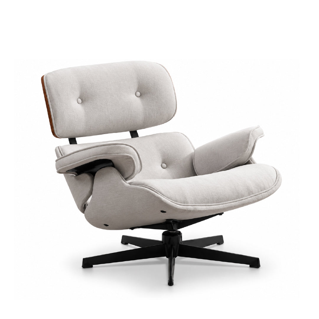 A modern lounge chair with light beige tufted upholstery, a black five-star base, and a small wood accent panel on the backrest, shown against a plain white background.