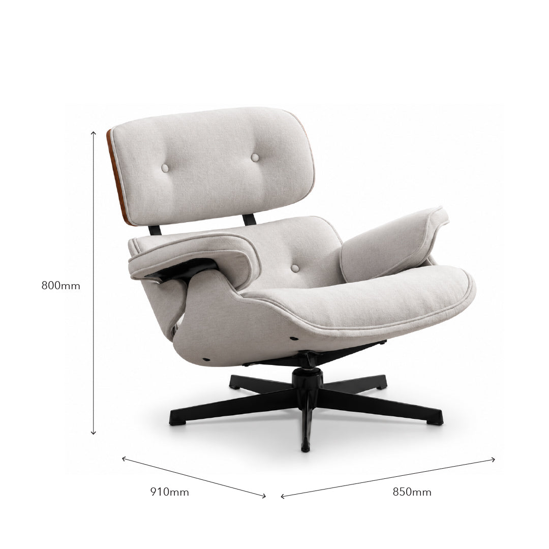 A light beige upholstered lounge chair with a black five-star base, shown on a white background with dimension lines and labels indicating 800mm height, 910mm width, and 850mm depth.