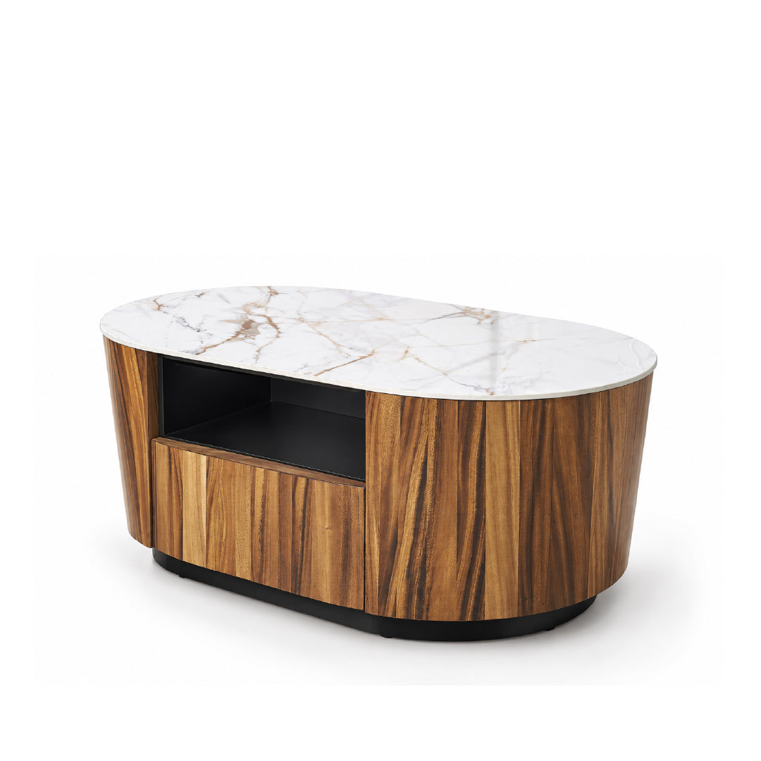 An oval-shaped coffee table with a white marble top featuring subtle gold veining, a warm brown wood grain cabinet body, and a black base, shown on a clean white background.
