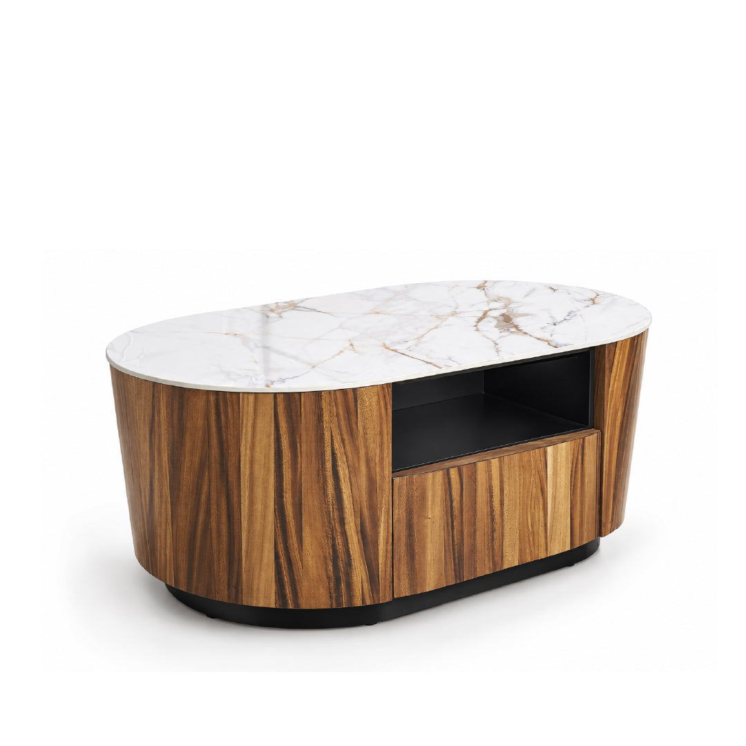 An oval-shaped modern coffee table with a white marble top, a warm brown wood grain body, and a black interior shelf, shown on a clean white background.