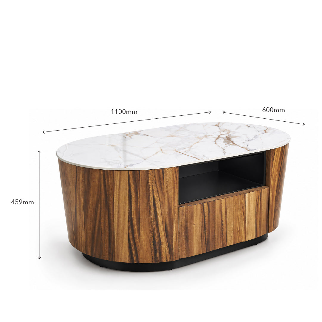 An oval-shaped coffee table with a white marble top, a brown wood-grain cabinet body, and a black base, shown with dimension lines indicating 1100mm width, 600mm depth, and 459mm height.