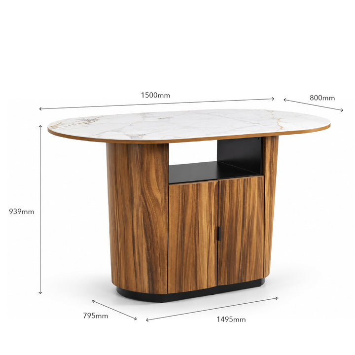 An oval island table with a white sintered stone top, a medium brown solid rubberwood grain base, and a cabinet door and shelf, shown with dimension lines and measurements on a white background.