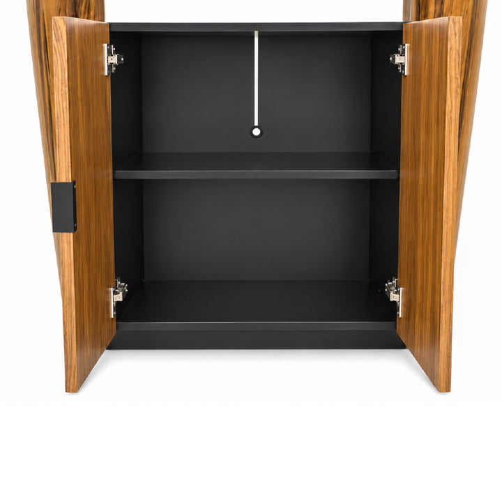 An island table wooden cabinet with two doors swung open, showing a black interior with two shelves, with black hinge.