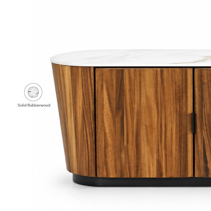 Close-up of a modern tv cabinet with a white marble-look top, warm brown rubberwood grain front, and black base, shown on a light gray background with a small 'Solid Rubberwood' callout.