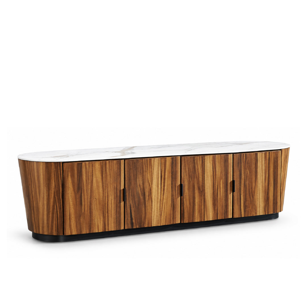 A modern curved tv cabinet with a warm brown wood grain finish, featuring four cabinet doors with slim black handles, a white marble-look top, and a black base, shown on a solid white background.