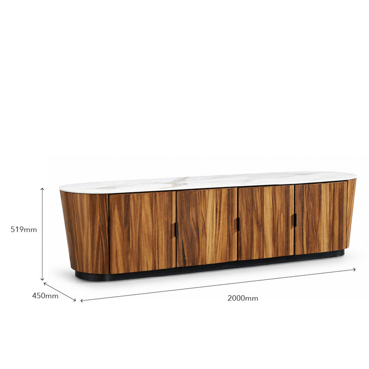 A modern media console with a curved tv cabinet, a white marble top, and black base trim, shown with dimension lines indicating 2000mm length, 450mm width, and 519mm height.