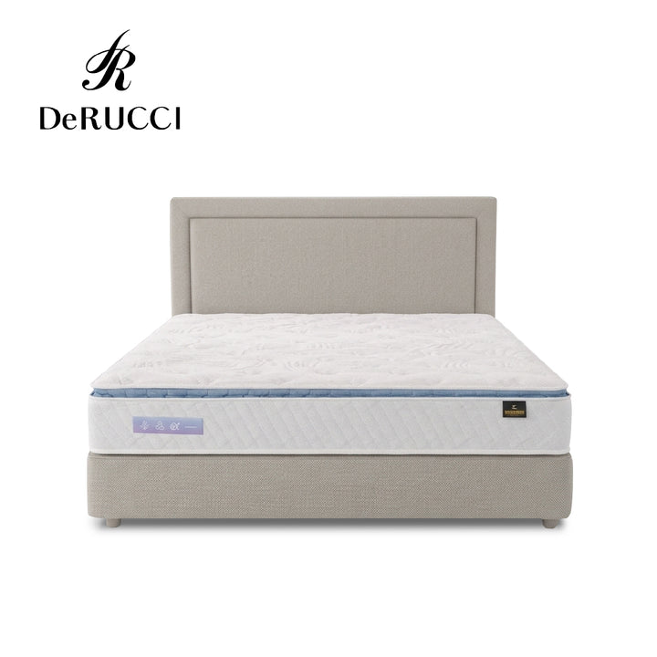DeRUCCI Energex Mattress with Bed Frame on White Background.