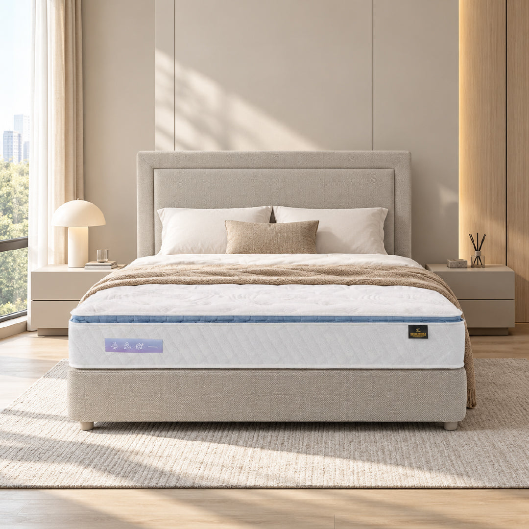 DeRUCCI Energex Mattress with Bed Frame in a Modern Lifestyle Bedroom.