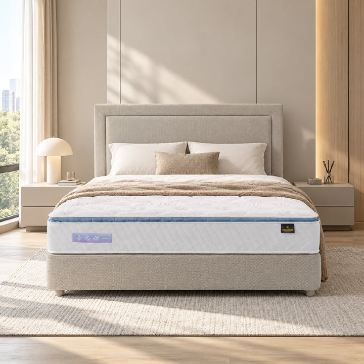DeRUCCI Energex Mattress with Bed Frame in a Modern Lifestyle Bedroom.