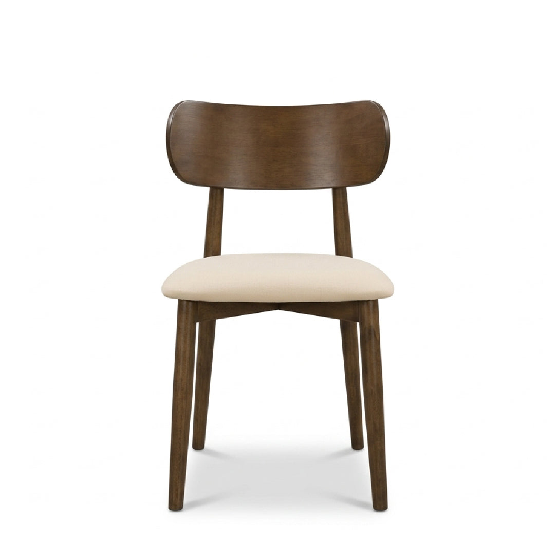 A mid-century modern dining chair with a curved dark brown wooden backrest and four tapered legs, featuring a light beige upholstered seat cushion, shown against a plain white background.