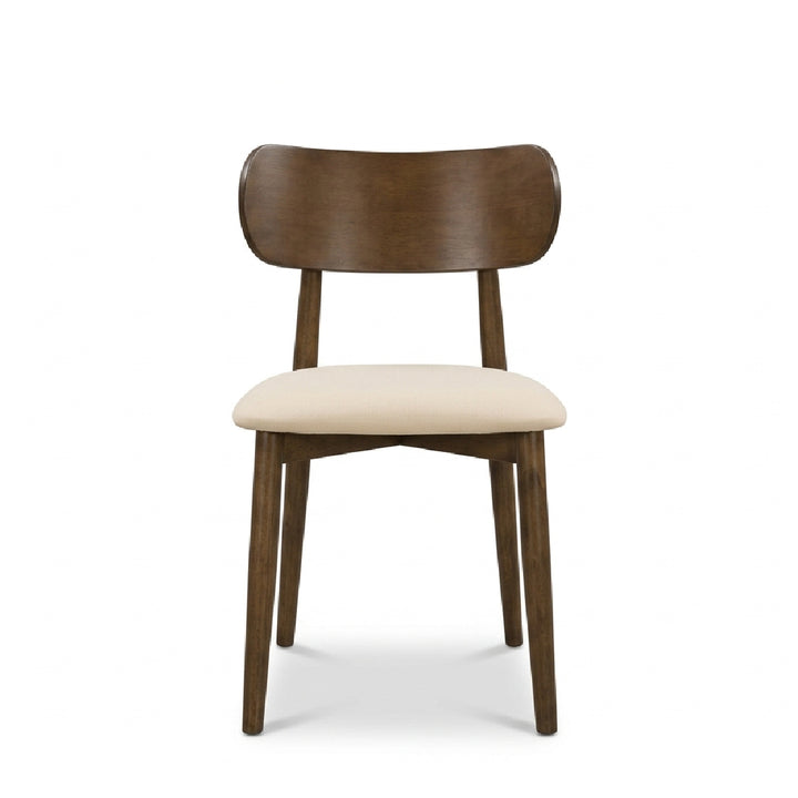 A mid-century modern dining chair with a curved dark brown wooden backrest and four tapered legs, featuring a light beige upholstered seat cushion, shown against a plain white background.