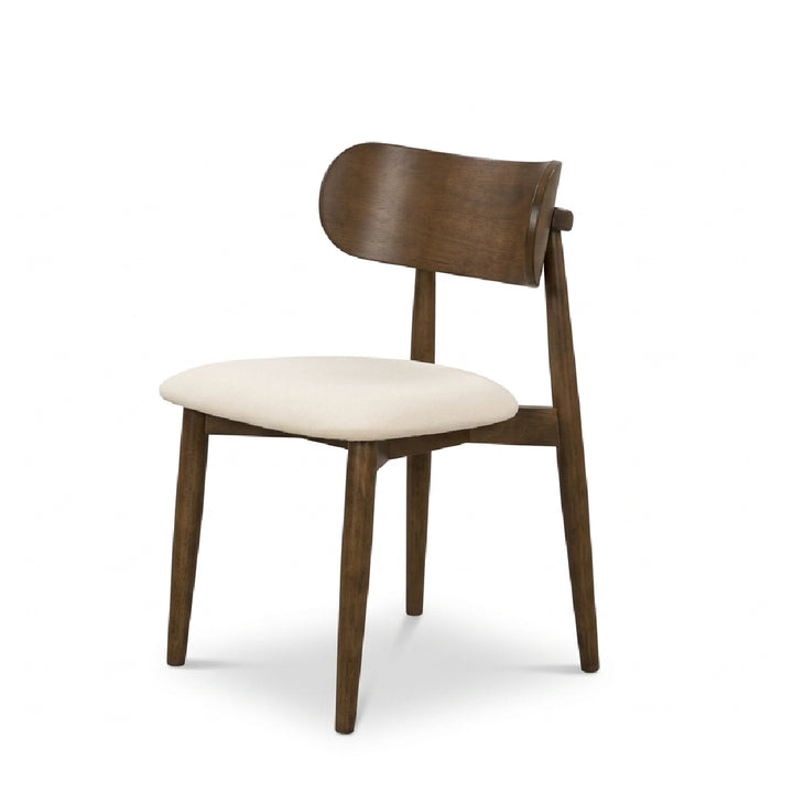 A mid-century modern dining chair with a dark brown wooden frame and a cream-colored upholstered seat, shown against a plain white background.