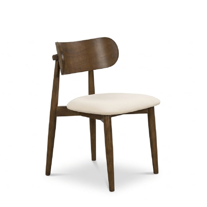 A mid-century modern dining chair with a curved dark brown wooden backrest and four tapered legs, featuring a round off-white upholstered seat cushion, shown against a plain white background.