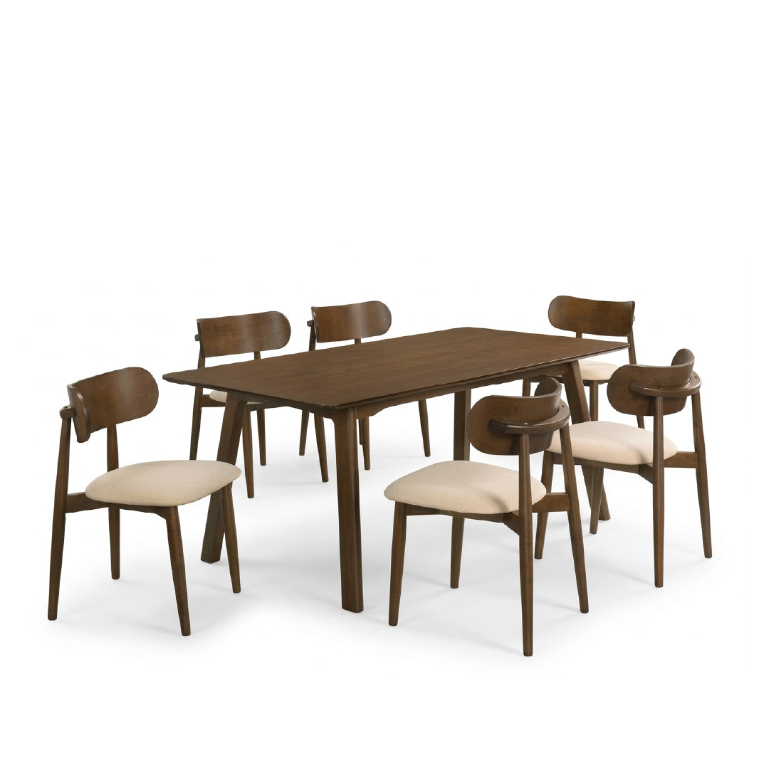 A Edmond Wood dining set featuring a rectangular wooden table and six matching chairs with beige upholstered seats, shown on a solid white background.