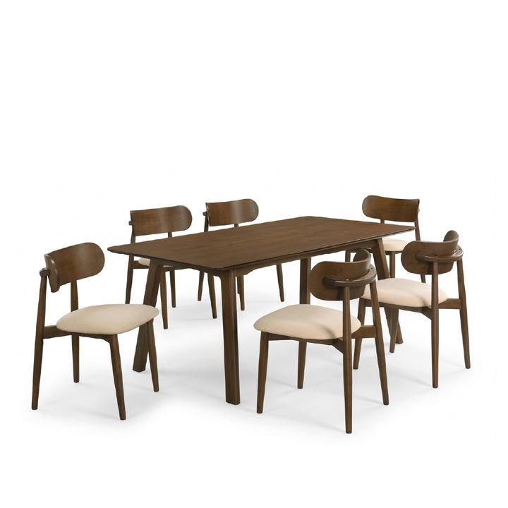 A Edmond Wood dining set featuring a rectangular wooden table and six matching chairs with beige upholstered seats, shown on a solid white background.