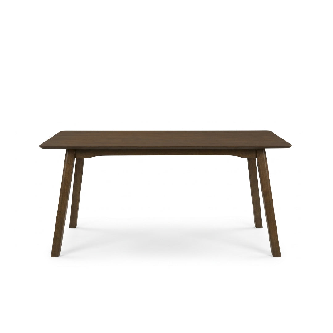 A dark brown wooden dining table with a rectangular top and four angled legs, shown from a front angle on a solid white background.
