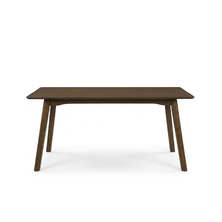 A dark brown wooden dining table with a rectangular top and four angled legs, shown from a front angle on a solid white background.