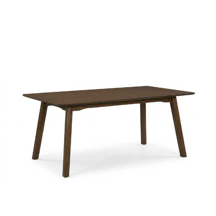 A rectangular wooden dining table with a dark brown finish and tapered legs, shown from a three-quarters angle on a white background.