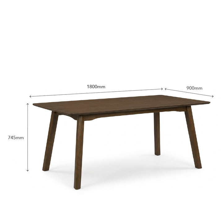 A dark brown wooden dining table with dimension lines and labels showing its measurements: 1800mm length, 900mm width, and 745mm height, on a plain white background.
