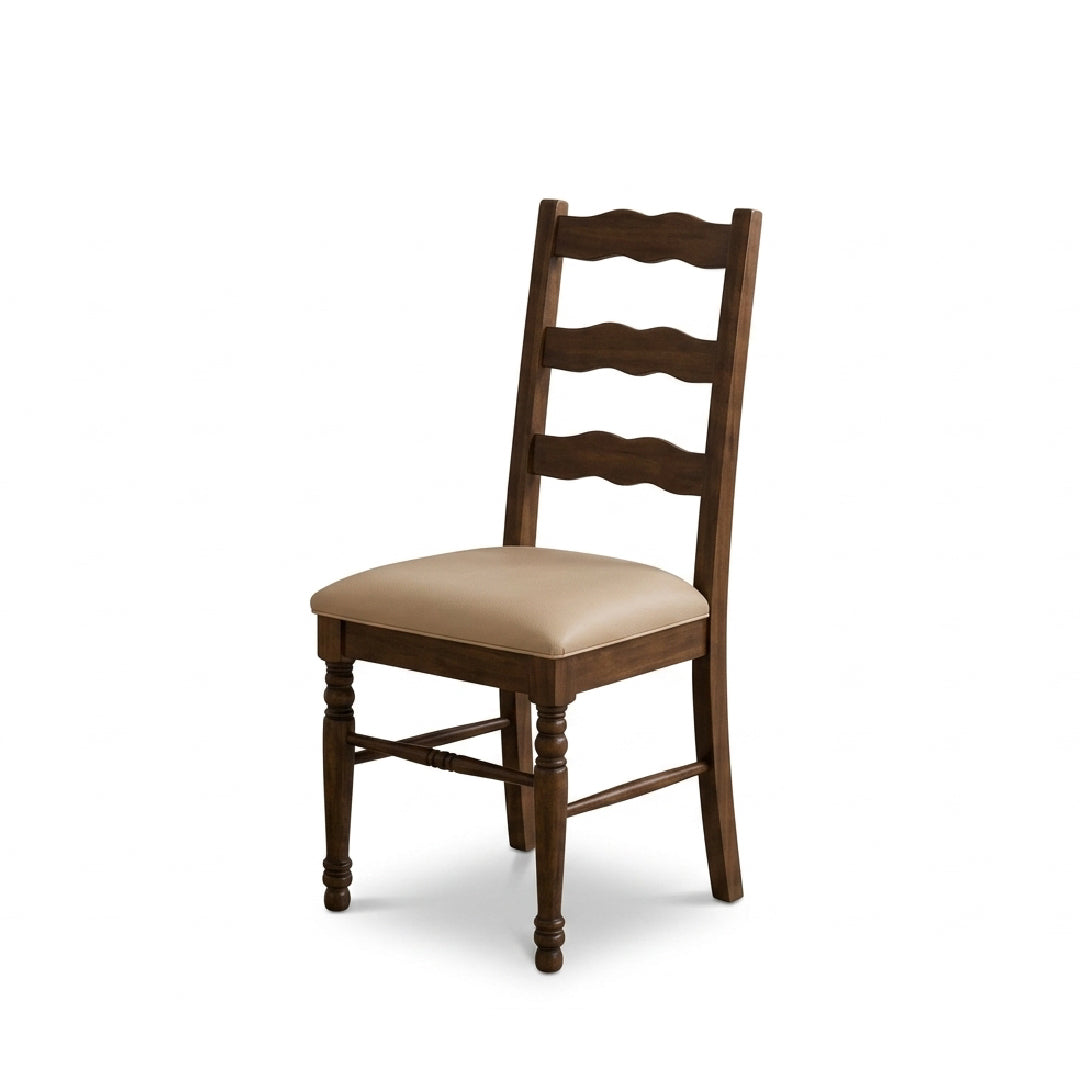 A wooden dining chair with a dark brown finish, featuring a three-spine ladder backrest and a beige upholstered seat cushion, shown against a plain white background.