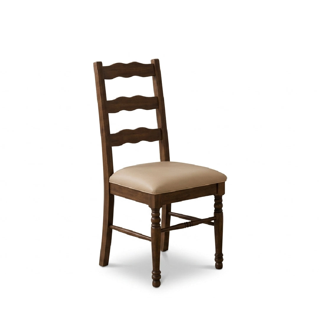 A wooden dining chair with a dark brown finish, featuring a three-rail ladder back and a beige upholstered seat, shown against a plain white background.