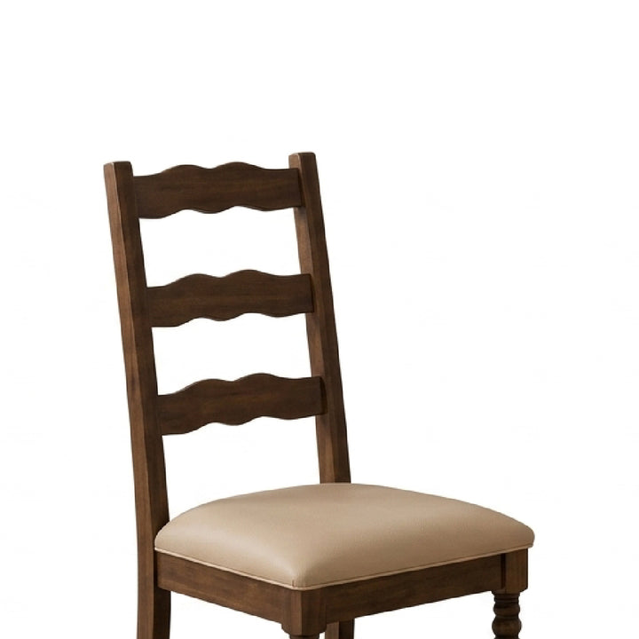 A wooden dining chair with a dark brown ladder-style backrest and a beige upholstered seat cushion, shown against a plain white background.