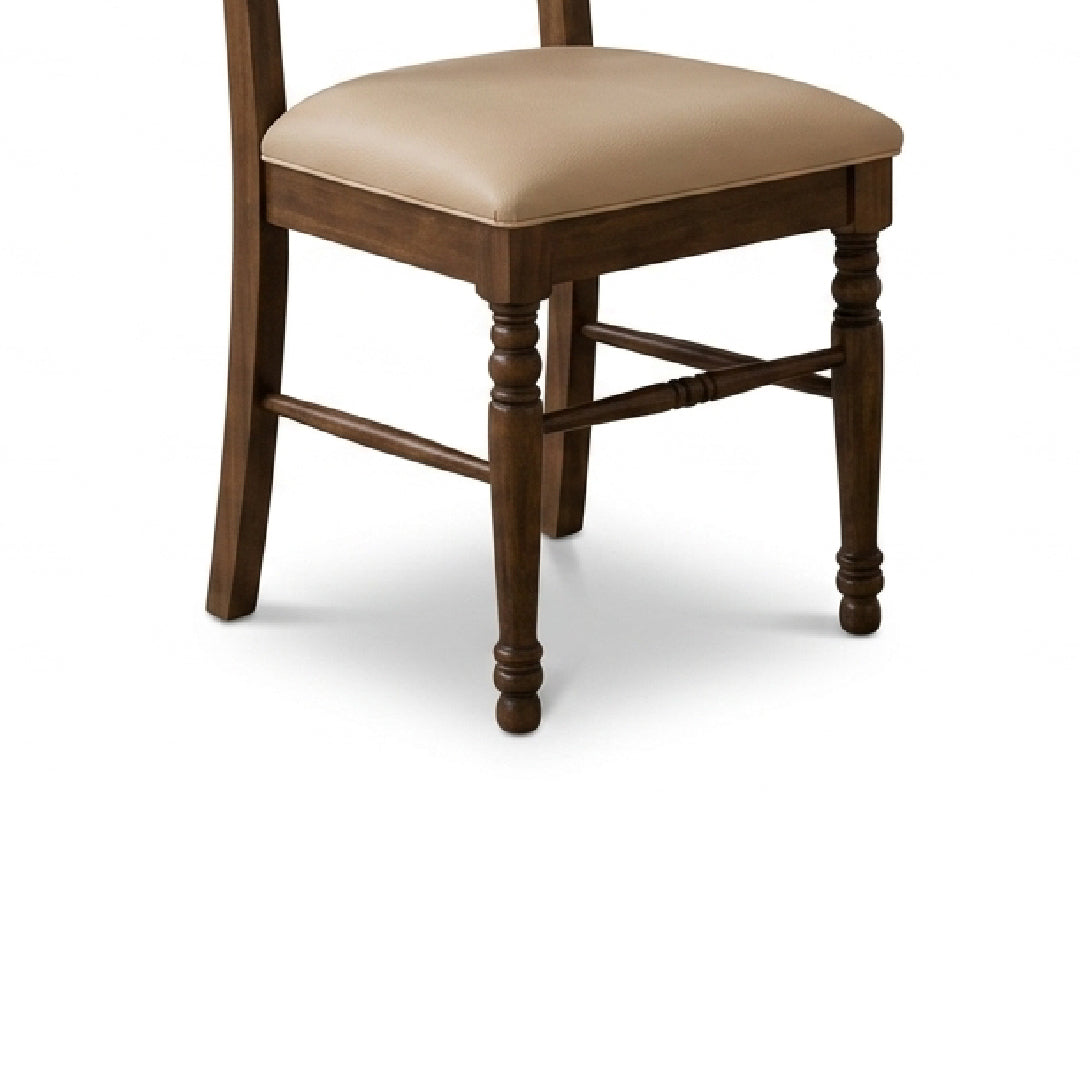 A wooden dining chair with a dark brown frame and a beige upholstered seat cushion, shown against a plain white background.