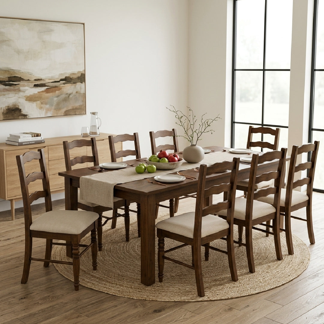 A Ezzy Dining Set with seven dining chairs featuring beige upholstered seats, shown on a modern contemporary dining area.