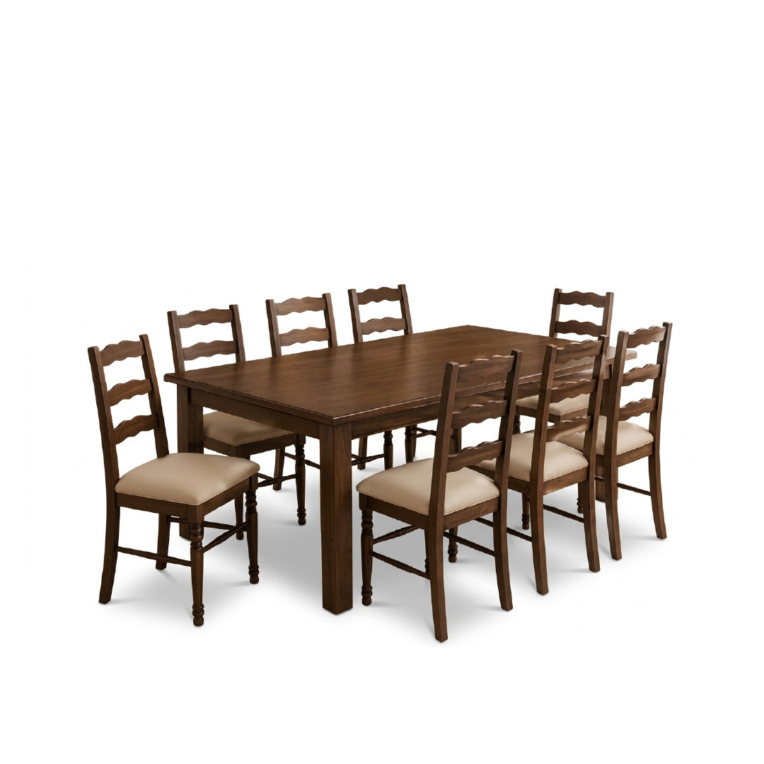 A Ezzy Dining Set with seven dining chairs featuring beige upholstered seats, shown on a solid white background.