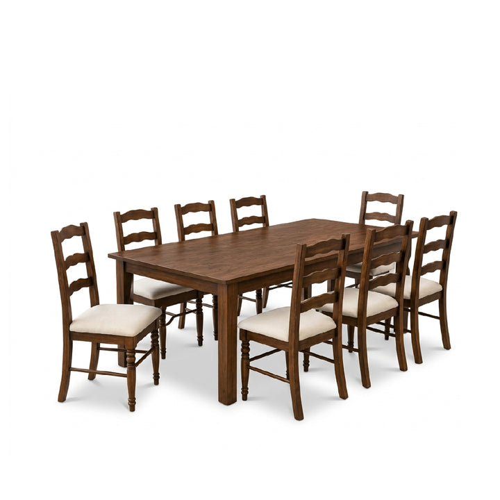 A Ezzy Dining Set with seven dining chairs featuring white upholstered seats, shown on a solid white background.