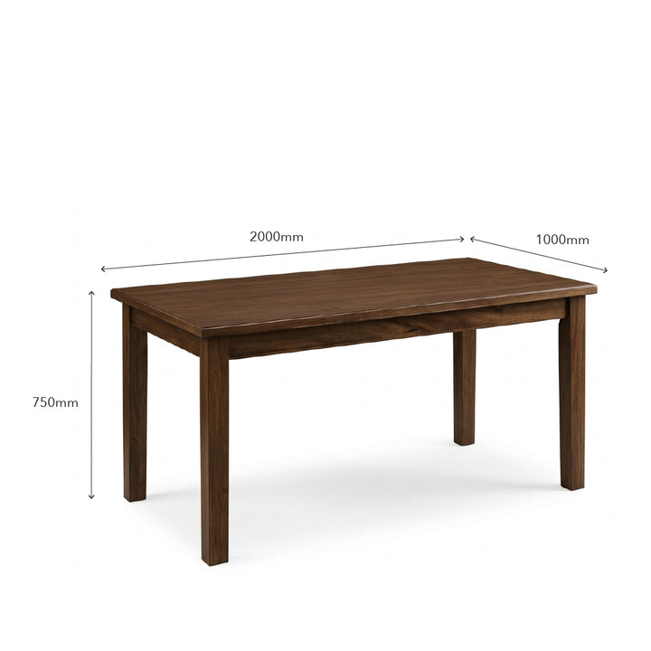 A dark brown wooden dining table shown on a white background with dimension lines and labels indicating a length of 2000mm, width of 1000mm, and height of 750mm.