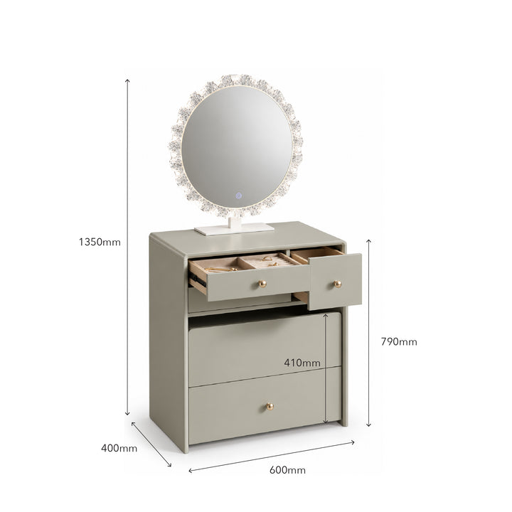 A light gray vanity table with a round decorative mirror on top, shown with dimension labels and measurement lines indicating height, width, and depth.