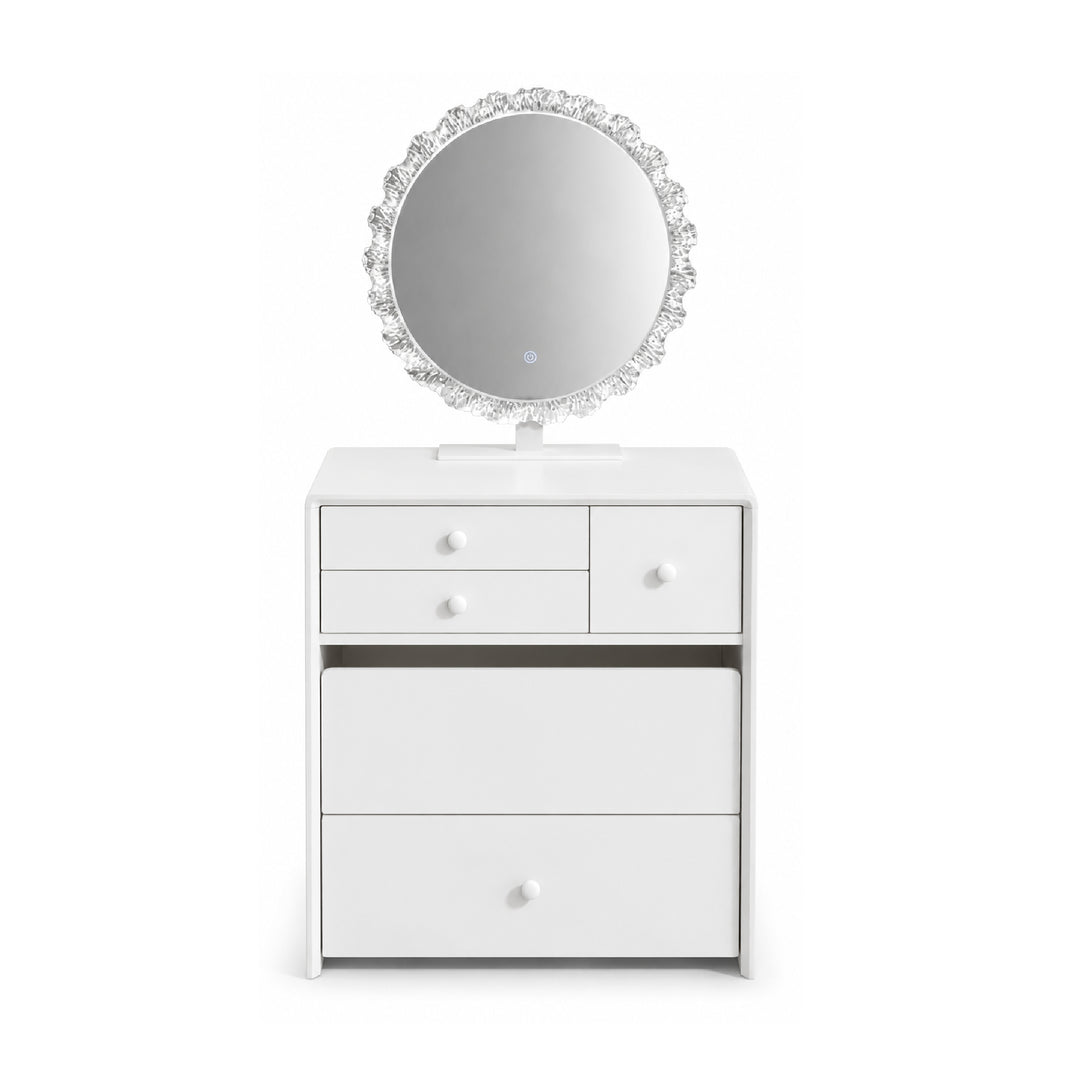 A white three-drawer dresser with a round mirror featuring a sparkling silver crystal-like frame, set against a plain white background.