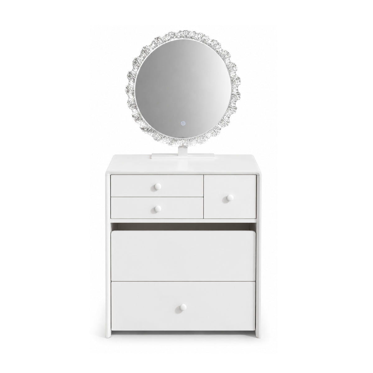 A white three-drawer dresser with a round mirror featuring a sparkling silver crystal-like frame, set against a plain white background.
