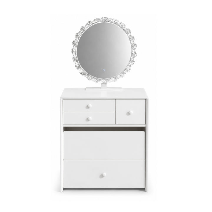 A white three-drawer dresser with a round mirror featuring a sparkling silver crystal-like frame, set against a plain white background.
