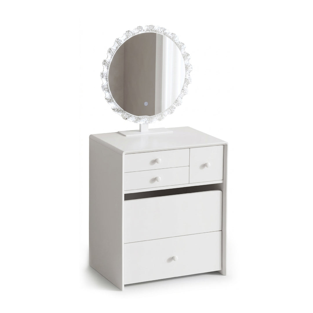 White vanity cabinet with three drawers, a round mirror with a decorative crystal-like border, and a small stand, shown on a plain white background.