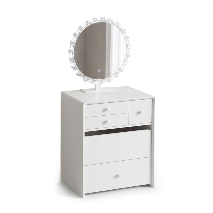 White vanity cabinet with three drawers, a round mirror with a decorative crystal-like border, and a small stand, shown on a plain white background.