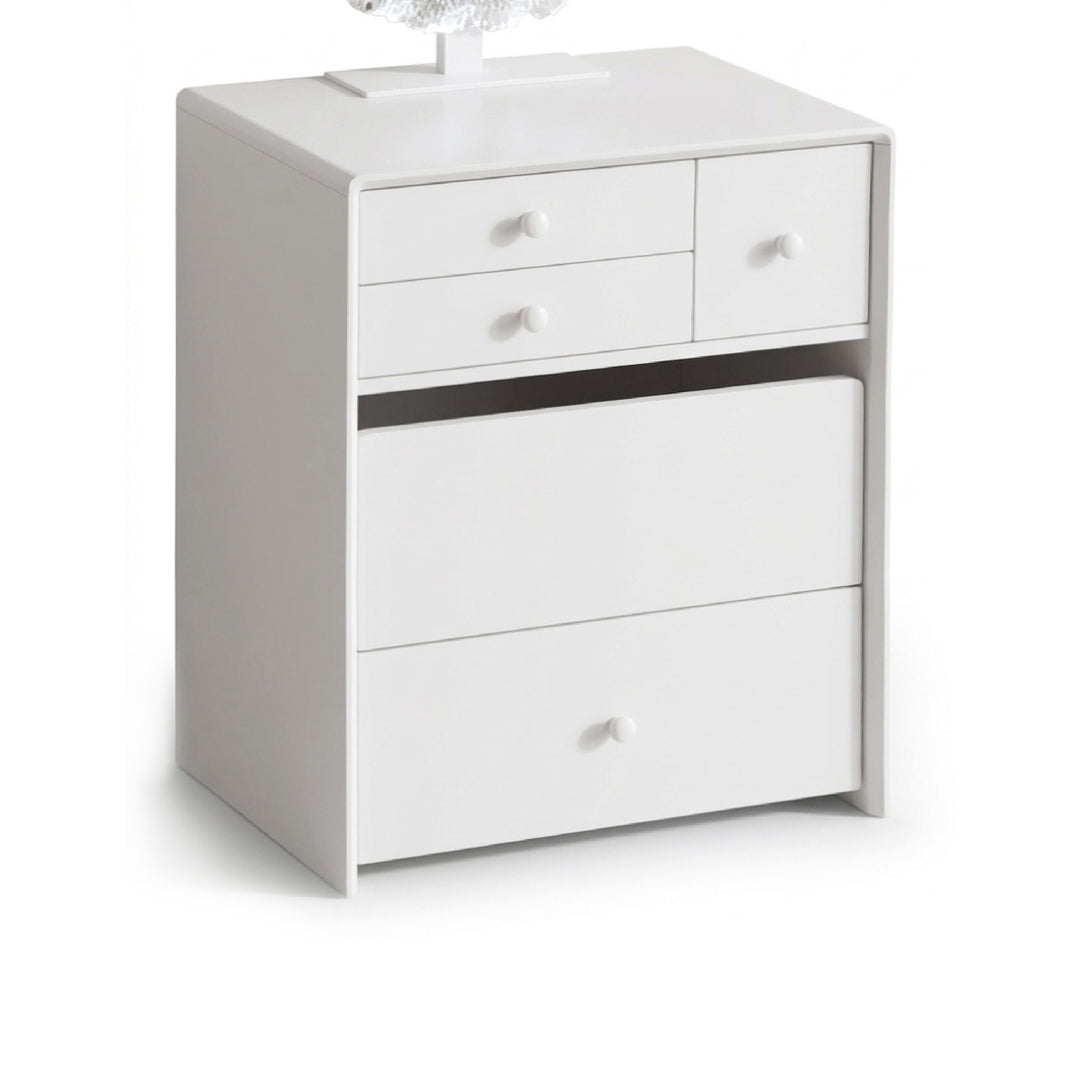 A white wooden nightstand with three drawers, including a top drawer with two smaller compartments and a larger drawer on the bottom, shown on a white background.
