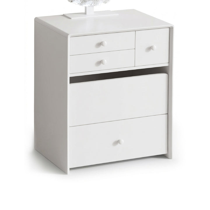 A white wooden nightstand with three drawers, including a top drawer with two smaller compartments and a larger drawer on the bottom, shown on a white background.