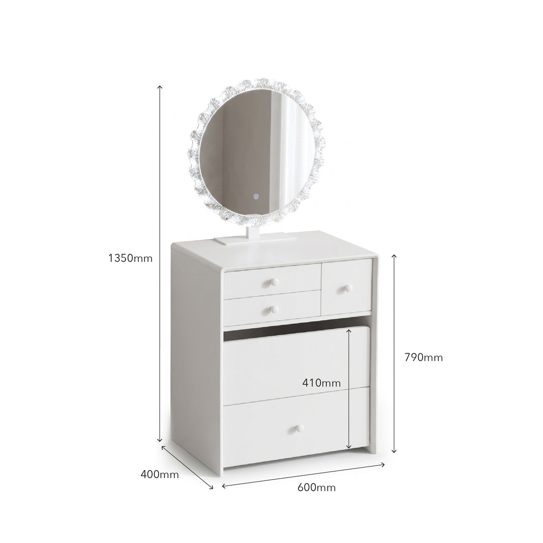 White vanity table with an oval lighted mirror, shown with dimension labels and measurements including 1350mm height, 790mm side height, 410mm drawer depth, 600mm width, and 400mm depth.