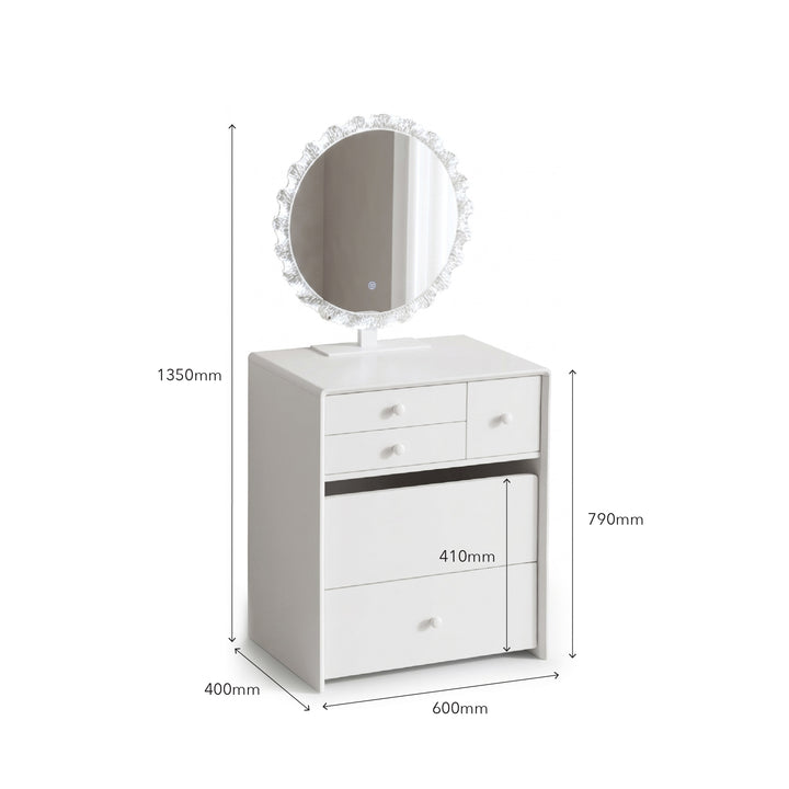 White vanity table with an oval lighted mirror, shown with dimension labels and measurements including 1350mm height, 790mm side height, 410mm drawer depth, 600mm width, and 400mm depth.