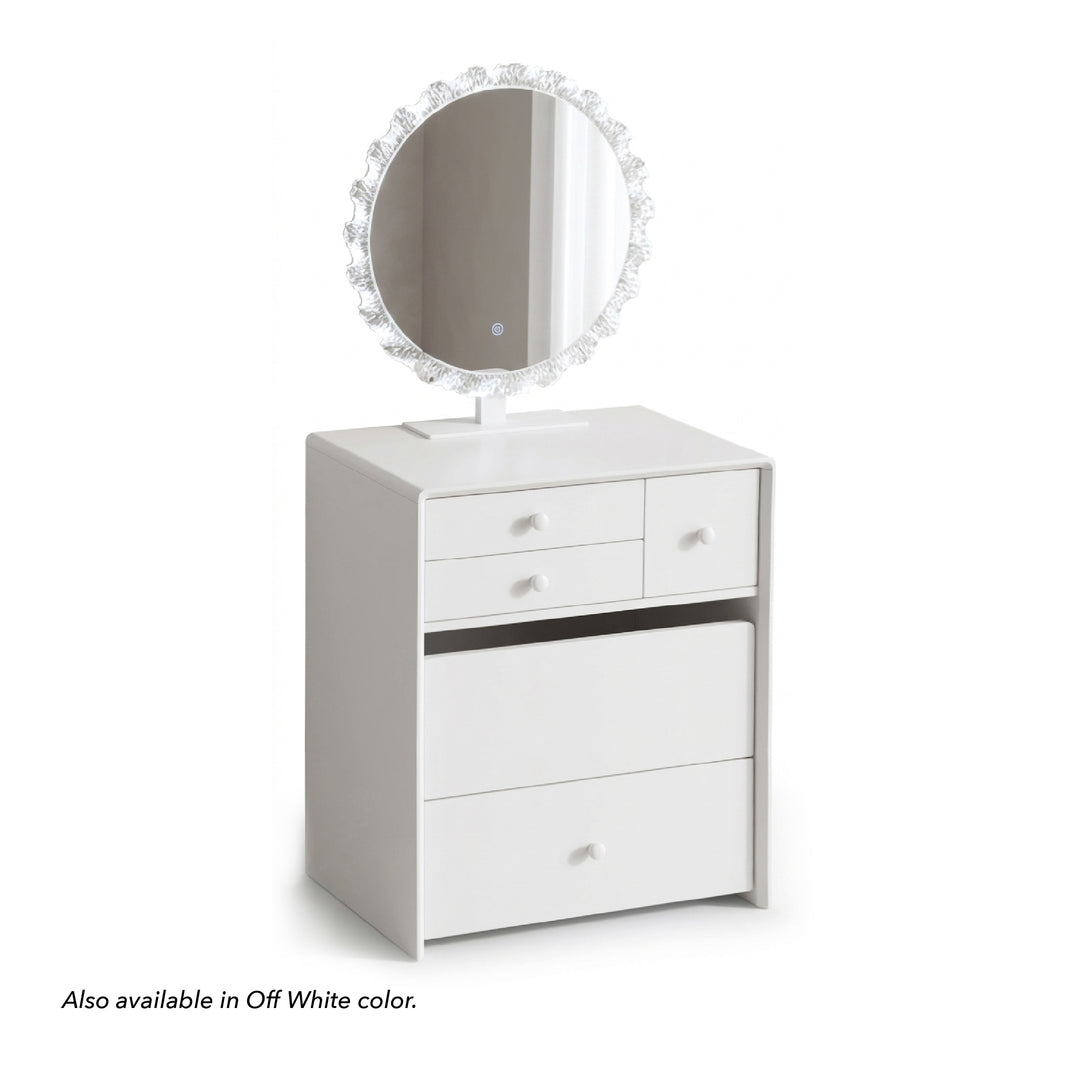 White vanity cabinet with three drawers, an oval mirror with a crystal-like frame, and a small stand, shown on a white background with text noting an off-white color option.