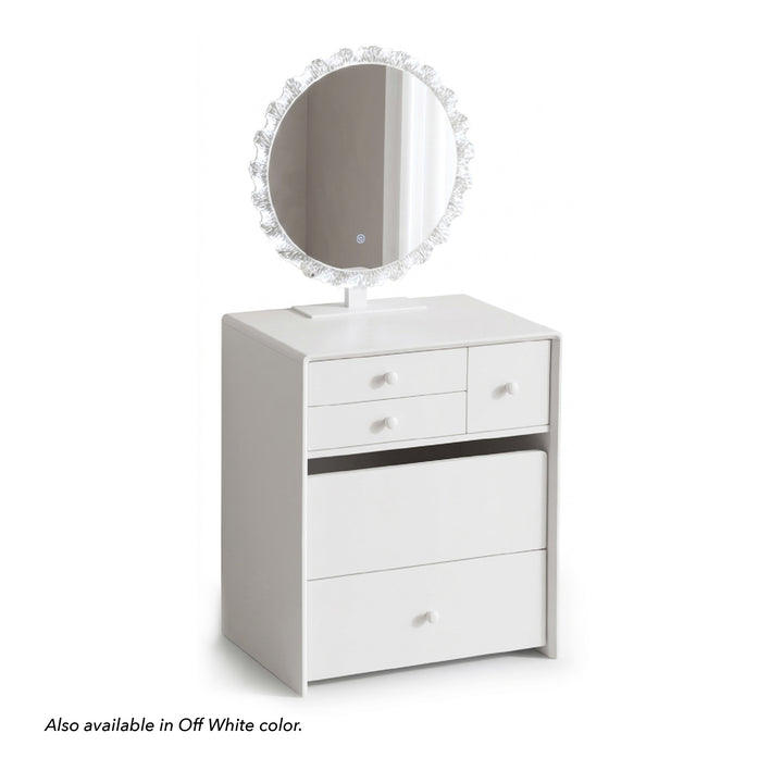 White vanity cabinet with three drawers, an oval mirror with a crystal-like frame, and a small stand, shown on a white background with text noting an off-white color option.