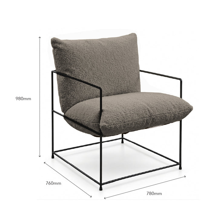 A gray upholstered armchair with a black metal frame, shown with dimension lines and labels indicating 980mm height, 760mm width, and 780mm depth on a white background.